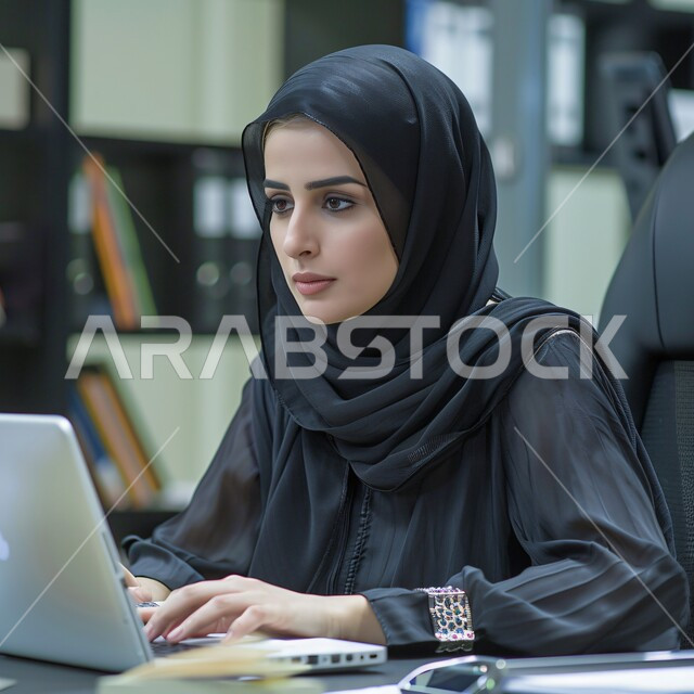 مهن ووظائف مكتبية نسائية، إدارة وتنظيم الأعمال ضمن مقر الشركة, بيئة العمل المريحة في شركات المملكة، استخدام الوسائل التقنية الحديثة والمتطورة لإنجاز المهام, امرأة عربية خليجية سعودية محجبة ترتدي عباءة سوداء تعمل على الحاسب المحمول 