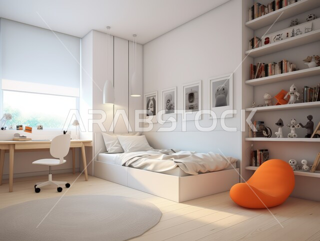 Modern bedroom interior designs, modern white bedroom, elegant villa and apartment decorations in Saudi Arabia, modern accessories and antiques, comfortable chair and study table, elegant and distinctive furnit