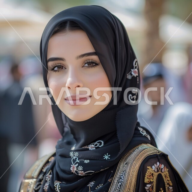 The concept of softness, femininity and interest in outward appearance, modern, elegant veiled fashion, a close-up photo of a veiled Saudi Arabian Gulf woman wearing a modern abaya and looking at the camera with gestures of pleasure and self-confidence