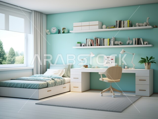 التصاميم الداخلية لغرف النوم على الطراز الحديث، غرفة نوم حديثة باللون الأزرق، الديكورات الراقية للفلل والشقق السكنية في المملكة العربية السعودية، اكسسوارات وتحف عصرية، كراسي مريحة وطاولة للدراسة، أثاث أنيق ومميز