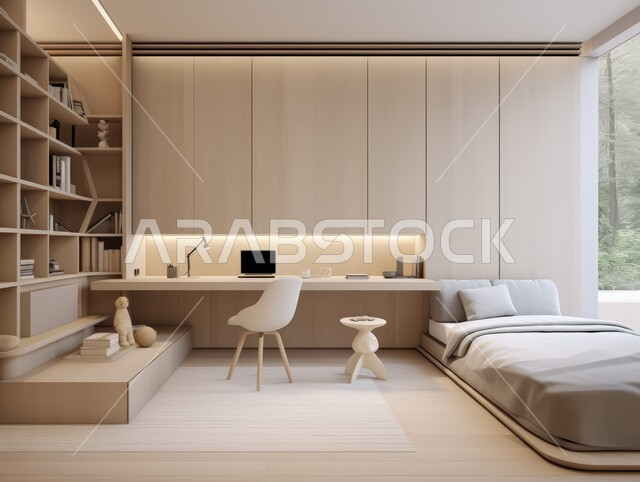 التصاميم الداخلية لغرف النوم على الطراز الحديث، غرفة نوم حديثة باللون الأبيض، الديكورات الراقية للفلل والشقق السكنية في المملكة العربية السعودية، اكسسوارات وتحف عصرية، كرسي مريح وطاولة للدراسة، أثاث أنيق ومميز، النوافذ والواجهات الزجاجية