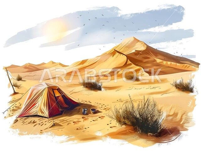 قضاء الوقت الممتع بالجلسات الهادئة في الصحراء, أماكن رحلات السفاري الشبابية, أجواء التخييم و الكشتات البرية في المناطق الصحراوية, رسوم توضيحية لخيم شعبية تقليدية, أنشطة ترفيهية ممتعة في المملكة العربية السعودية