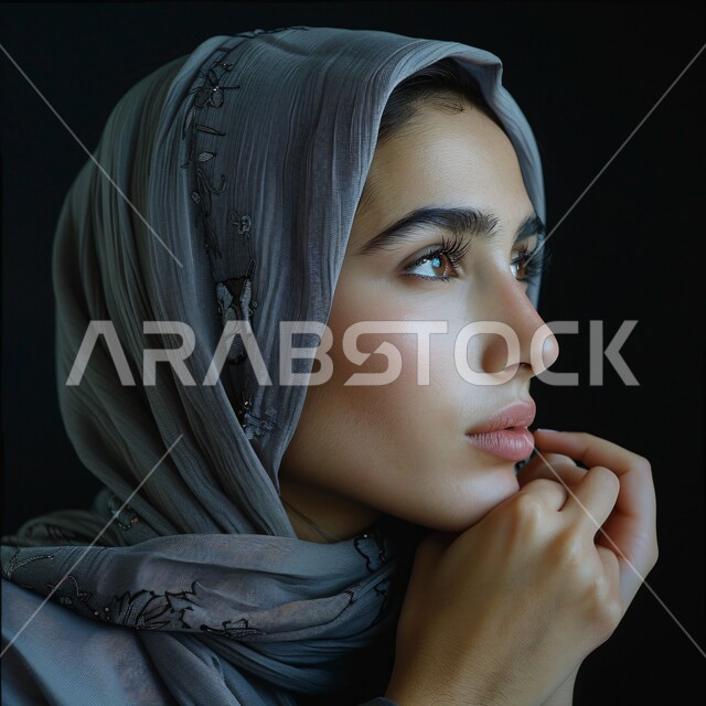 مفهوم الأنوثة والجمال, الملامح العربية الأصيلة, بورتريه لامرأة عربية خليجية سعودية محجبة تضع يدها أسفل ذقنها  إيماءات التفكير و التركيز , المرأة العربية والحجاب, خلفية سوداء 