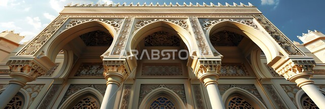Elegant interior designs and decorations of mosques, decorations and engravings of columns and arches in the Islamic style, architectural engineering art of the corridor of an ancient Arab mosque, the concept of worship and drawing closer to God Almighty
