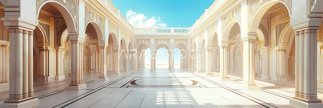التصاميم والديكورات الداخلية الأنيقة للمساجد، الزخارف والنقوش للاعمدة والاقواس على الطراز الاسلامي، الفن الهندسي المعماري لممر مسجد عربي عريق، مفهوم العبادة والتقرب إلى الله تعالى