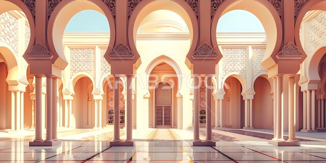 التصاميم والديكورات الداخلية الأنيقة للمساجد، الزخارف والنقوش للاعمدة والاقواس على الطراز الاسلامي، الفن الهندسي المعماري لممر مسجد عربي عريق، مفهوم العبادة والتقرب إلى الله تعالى
