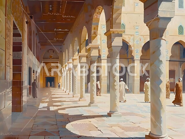 Elegant interior designs and decorations of mosques, decorations and engravings of columns and arches in the Islamic style, architectural engineering art of the corridor of an ancient Arab mosque, the concept of worship and drawing closer to God Almighty