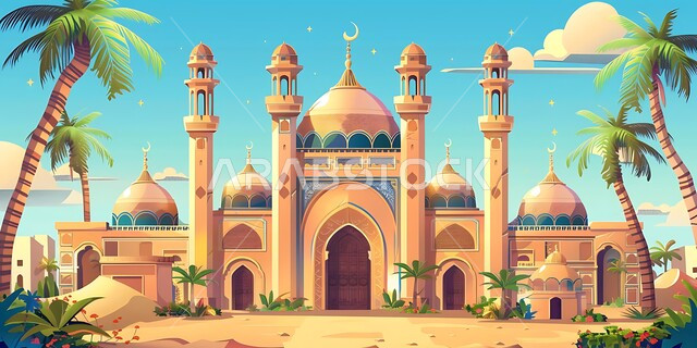 القبب و المآذن على الطراز الإسلامي العصري الحديث، الفن الهندسي المعماري لمسجد وسط التلال والكثبان الرملية، العباده والتقرب إلى الله، دعوة المسلمين إلى الصلاه وأداء الفرائض الدينية, أماكن اسلامية مقدسة، نمو أشجار النخيل في الصحراء