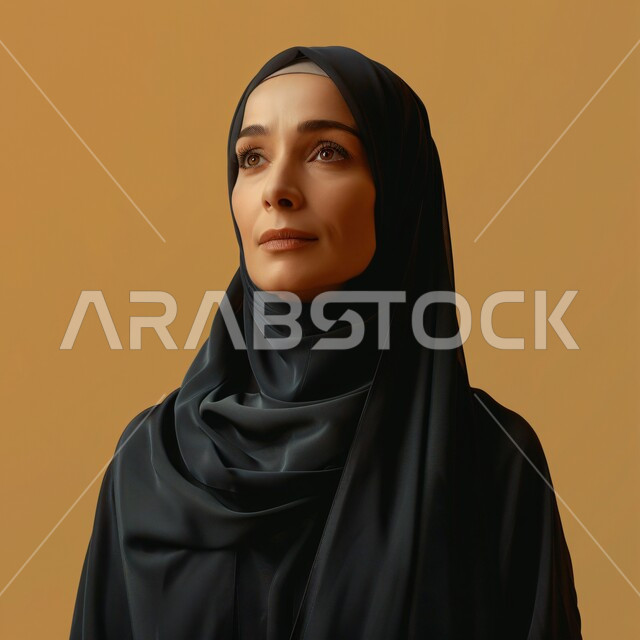 إيماءات الثقة بالنفس، أزياء محجبات عصرية راقية، مفهوم الأناقة والاهتمام بالمظهر الخارجي، بورتريه مقرب لامرأة عربية خليجية محجبة ترتدي العباءة وتنظر الى شيء ما بتعابير الحزم والجدية، خلفية صفراء