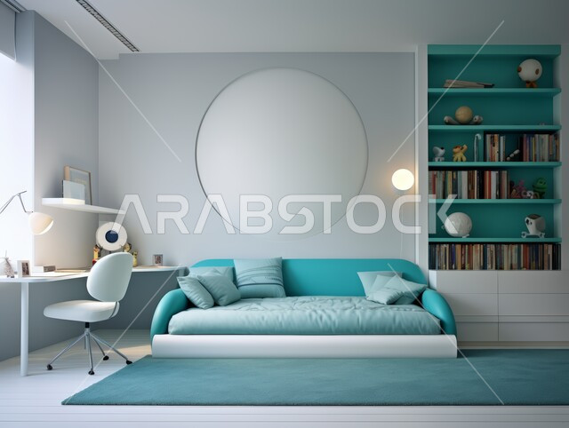 Luxury interior design for villas and apartments in modern style in Saudi Arabia, distinctive interior designs for living rooms, living room with luxurious home furniture in calm colors, comfortable chair and study table, shelves filled with books, stories and folders arranged