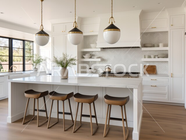 تصميم داخلي لمطبخ على الطراز الحديث باللون الأبيض، الأضواء المعلقة وتناسق الألوان، الديكورات العصرية للمطابخ الفاخرة في المملكة العربية السعودية، أثاث منزلي راقي، شقق وفلل سكنية مميزة