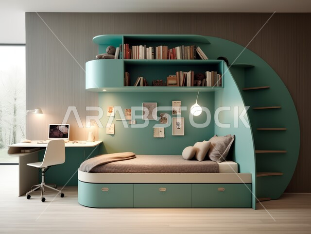 غرفة نوم بتصاميم عصرية، شقق وفلل سكنية مميزة، الفنادق والمنتجعات الفخمة في المملكة العربية السعودية، تصميمات وديكورات داخلية على الطراز الحديث، غرف بأثاث منزلي أنيق بألوان هادئة، الرفوف الممتلئة بالكتب والقصص والمجلدات المرتبة