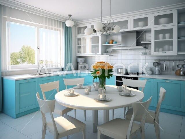 الديكورات العصرية للمطابخ الفاخرة في المملكة العربية السعودية، الأضواء المعلقة وتناسق الألوان, أثاث منزلي راقي، شقق وفلل سكنية مميزة، تصميم داخلي لمطبخ على الطراز الحديث، طاولة مطبخ دائرية وكراسي مريحة باللون الأبيض