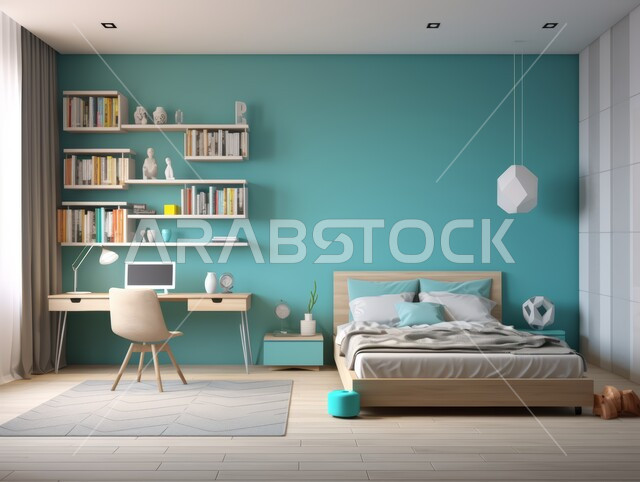 Modern bedroom interior designs, modern bedroom in calm colors, elegant decorations for villas and residential apartments in the Kingdom of Saudi Arabia, modern accessories and antiques, comfortable chairs and study table, elegant and distinctive furniture