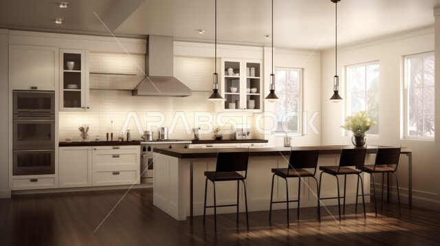 تصميم داخلي لمطبخ على الطراز الحديث باللون الأبيض، الأضواء المعلقة وتناسق الألوان، الديكورات العصرية للمطابخ الفاخرة في المملكة العربية السعودية، أثاث منزلي راقي، شقق وفلل سكنية مميزة