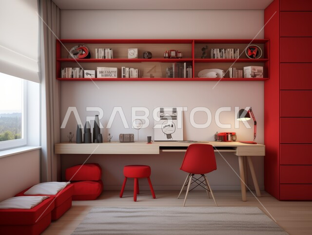 الديكورات الداخلية الراقية للفلل والشقق السكنية على الطراز الحديث في المملكة العربية السعودية، التصاميم الداخلية المميزة لغرف المكاتب المنزلية، غرفة مكتب بسيطة مع أثاث منزلي فاخر باللون الأبيض والأحمر، كرسي مريح وطاولة للدراسة والعمل، الرفوف الممتلئة بالكتب والقصص والمجلدات المرتبة