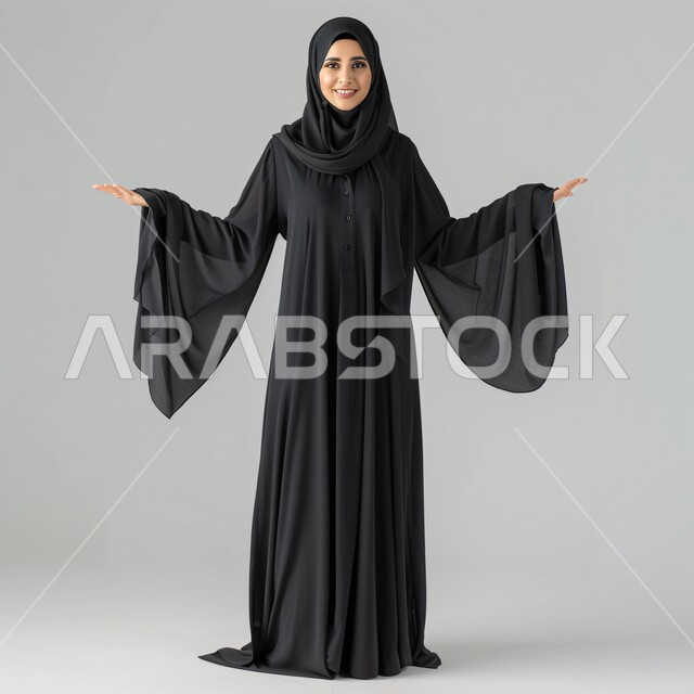 Veiled model, gestures of self-confidence, interest in appearance, concept of femininity, elegance and softness, portrait of a smiling Saudi Arabian Gulf woman wearing a black abaya looking at the camera with gestures of pleasure, Gulf abayas with modern designs