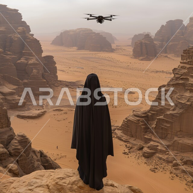التشكيلات الرملية في المناطق الصحراوية، تطور تقنيات التصوير في المملكة العربية السعودية، صورة مقربه من الخلف لامرأة عربية خليجية سعودية محجبة ترتدي عباءة تقوم بمشاهدة طائرة الدرون تحلق في الصحراء 