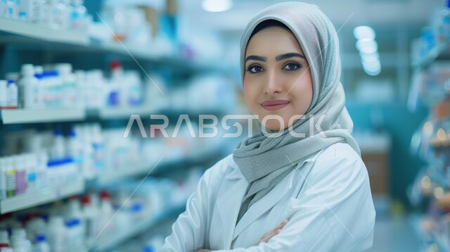 استقبال المرضى وتقديم العلاج اللازم، صورة مقربة من الجانب لصيدلانية عربيه خليجيه سعودية محجبة ترتدي المعطف الطبي تقف بإيماءات أيدي متقاطعة، أداء الواجبات المهنية بجودة عالية، مفهوم الصيدلة والرعاية الصحية, ايماءات السعادة و السرور, الادوية والمستلزمات الطبية ،مهن ووظائف نسائية سعودية