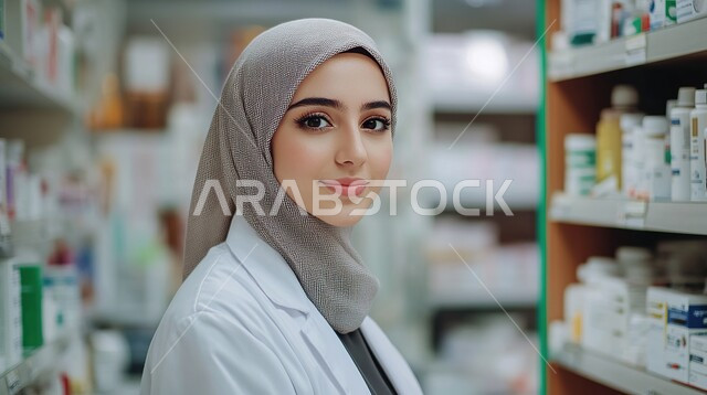 استقبال المرضى وتقديم العلاج اللازم، صورة مقربة من الجانب لصيدلانية عربيه خليجيه سعودية محجبة ترتدي المعطف الطبي تقف بإيماءات أيدي متقاطعة، أداء الواجبات المهنية بجودة عالية، مفهوم الصيدلة والرعاية الصحية, ايماءات السعادة و السرور, الادوية والمستلزمات الطبية ،مهن ووظائف نسائية سعودية