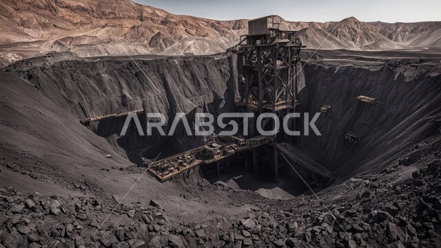 كميات ضخمة من إنتاج الفحم الوطني، مناجم الفحم الطبيعي العربية، مناطق التنقيب عن الثروات الباطنية، الطبيعة الصخرية وتضاريس السلاسل الجبلية، المرتفعات وقمم الجبال في المملكة العربية السعودية, سيارة شحن كبيرة تقوم بالعمل في موقع التعدين