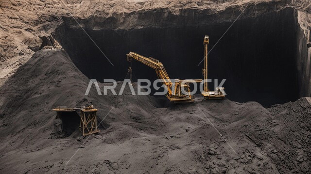 كميات ضخمة من إنتاج الفحم الوطني، مناجم الفحم الطبيعي العربية، مناطق التنقيب عن الثروات الباطنية، الطبيعة الصخرية وتضاريس السلاسل الجبلية، المرتفعات وقمم الجبال في المملكة العربية السعودية, سيارة شحن كبيرة تقوم بالعمل في موقع التعدين