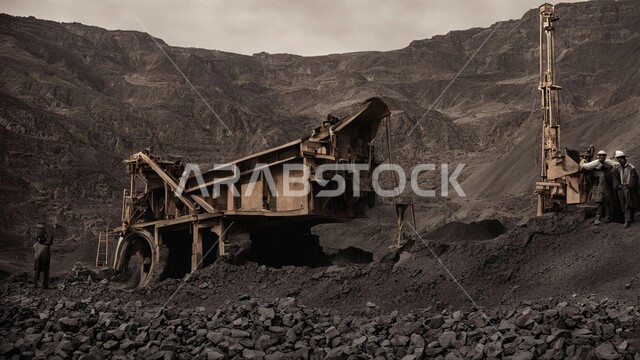 كميات ضخمة من إنتاج الفحم الوطني، مناجم الفحم الطبيعي العربية، مناطق التنقيب عن الثروات الباطنية، الطبيعة الصخرية وتضاريس السلاسل الجبلية، المرتفعات وقمم الجبال في المملكة العربية السعودية, سيارة شحن كبيرة تقوم بالعمل في موقع التعدين