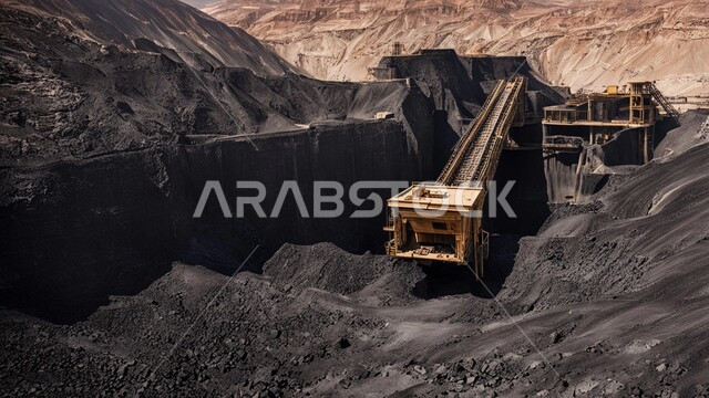 كميات ضخمة من إنتاج الفحم الوطني، مناجم الفحم الطبيعي العربية، مناطق التنقيب عن الثروات الباطنية، الطبيعة الصخرية وتضاريس السلاسل الجبلية، المرتفعات وقمم الجبال في المملكة العربية السعودية, سيارة شحن كبيرة تقوم بالعمل في موقع التعدين