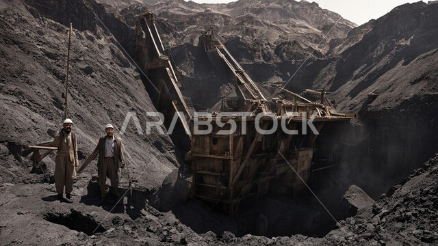 كميات ضخمة من إنتاج الفحم الوطني، مناجم الفحم الطبيعي العربية، مناطق التنقيب عن الثروات الباطنية، الطبيعة الصخرية وتضاريس السلاسل الجبلية، المرتفعات وقمم الجبال في المملكة العربية السعودية, سيارة شحن كبيرة تقوم بالعمل في موقع التعدين