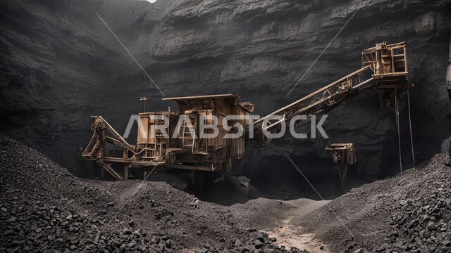 Huge quantities of national coal production, Arab natural coal mines, exploration areas for underground resources, rocky nature and topography of mountain ranges, highlands and mountain peaks in the Kingdom of Saudi Arabia, a large freight truck working at the mining site