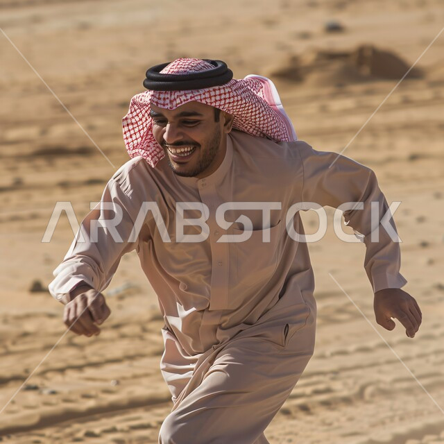 مفهوم النشاط والحيوية والقيام بالتمرينات الرياضية، شاب عربي خليجي سعودي يرتدي الثوب التقليدي و الشماغ يقوم بالركض بالملابس التقليدية، أنشطة جسدية ترفيهية، تعابير السعادة والسرور 