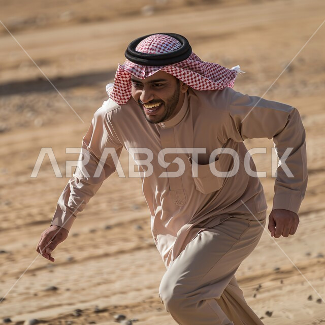 مفهوم النشاط والحيوية والقيام بالتمرينات الرياضية، شاب عربي خليجي سعودي يرتدي الثوب التقليدي و الشماغ يقوم بالركض بالملابس التقليدية، أنشطة جسدية ترفيهية، تعابير السعادة والسرور 