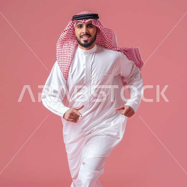 مفهوم النشاط والحيوية والقيام بالتمرينات الرياضية، شاب عربي خليجي سعودي يرتدي الثوب التقليدي و الشماغ يقوم بالركض بالملابس التقليدية، أنشطة جسدية ترفيهية، تعابير السعادة والسرور 