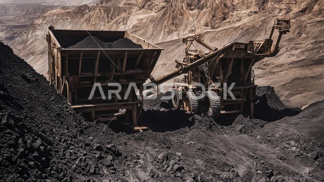 كميات ضخمة من إنتاج الفحم الوطني، مناجم الفحم الطبيعي العربية، مناطق التنقيب عن الثروات الباطنية، الطبيعة الصخرية وتضاريس السلاسل الجبلية، المرتفعات وقمم الجبال في المملكة العربية السعودية, سيارة شحن كبيرة تقوم بالعمل في موقع التعدين