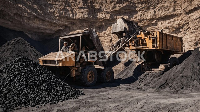 كميات ضخمة من إنتاج الفحم الوطني، مناجم الفحم الطبيعي العربية، مناطق التنقيب عن الثروات الباطنية، الطبيعة الصخرية وتضاريس السلاسل الجبلية، المرتفعات وقمم الجبال في المملكة العربية السعودية, سيارة شحن كبيرة تقوم بالعمل في موقع التعدين