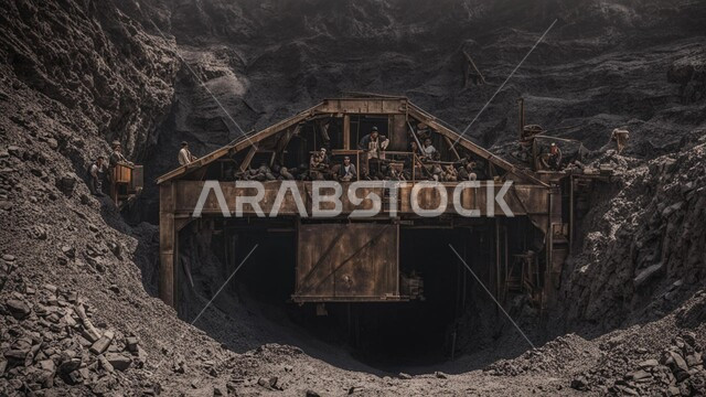 كميات ضخمة من إنتاج الفحم الوطني، مناجم الفحم الطبيعي العربية، مناطق التنقيب عن الثروات الباطنية، الطبيعة الصخرية وتضاريس السلاسل الجبلية، المرتفعات وقمم الجبال في المملكة العربية السعودية, سيارة شحن كبيرة تقوم بالعمل في موقع التعدين