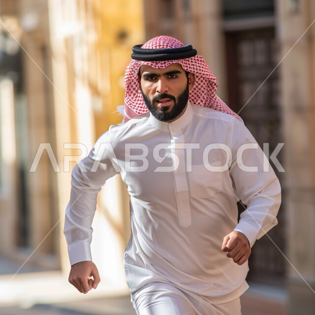 The concept of activity, vitality and exercise, a young Saudi Arabian Gulf man wearing traditional thobe and shemagh running in traditional clothes, recreational physical activities, expressions indicating fatigue and effort