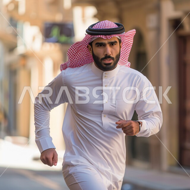The concept of activity, vitality and exercise, a young Saudi Arabian Gulf man wearing traditional thobe and shemagh running in traditional clothes, recreational physical activities, expressions indicating fatigue and effort