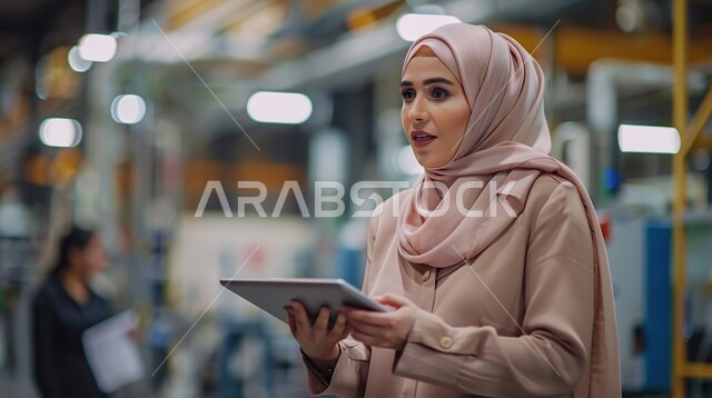 مهن ووظائف نسائية, استخدام الأجهزة والتقنيات الحديثة والمتطورة،  التطبيقات التقنية للأجهزة اللوحية، أداء العمل بدقة واتقان, صورة مقربة من الجانب لإمرأة عربية خليجية سعودية محجبة ترتدي ملابس أنيقة تمسك بيدها جهاز التابليت تنظر إلى مكان ما في مقر الشركة بإيماءات الفرح والسرور