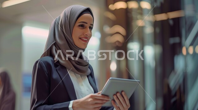 مهن ووظائف نسائية, استخدام الأجهزة والتقنيات الحديثة والمتطورة،  التطبيقات التقنية للأجهزة اللوحية، أداء العمل بدقة واتقان, صورة مقربة من الجانب لإمرأة عربية خليجية سعودية محجبة ترتدي ملابس أنيقة تمسك بيدها جهاز التابليت تنظر إلى مكان ما في مقر الشركة بإيماءات الفرح والسرور