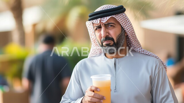 قضاء أوقات ممتعة في احد المقاهي والمطاعم ، صورة مقربة لرجل مسن عربي خليجي  يرتدي الشماغ والثوب التقليدي وينظر الى الكاميرا بايماءات البشاشة, الإستمتاع بالأجواء الهادئة خارج المنزل, النظر إلى شيء ما، الاهتمام بالمظهر الخارجي 