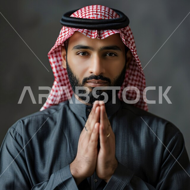  إيماءات الدعاء والتوسل والاسترحام, الطلب بترجي وتذلل من رب العباد, التضرع إلى الله تعالى, بورتريه لشاب عربي خليجي سعودي يرتدي الشماغ وعباءة سوداء يرفع يديه بخشوع واستعطاف, طلب العون والرغبة في تحقيق الأمنيات, خلفية رمادية 