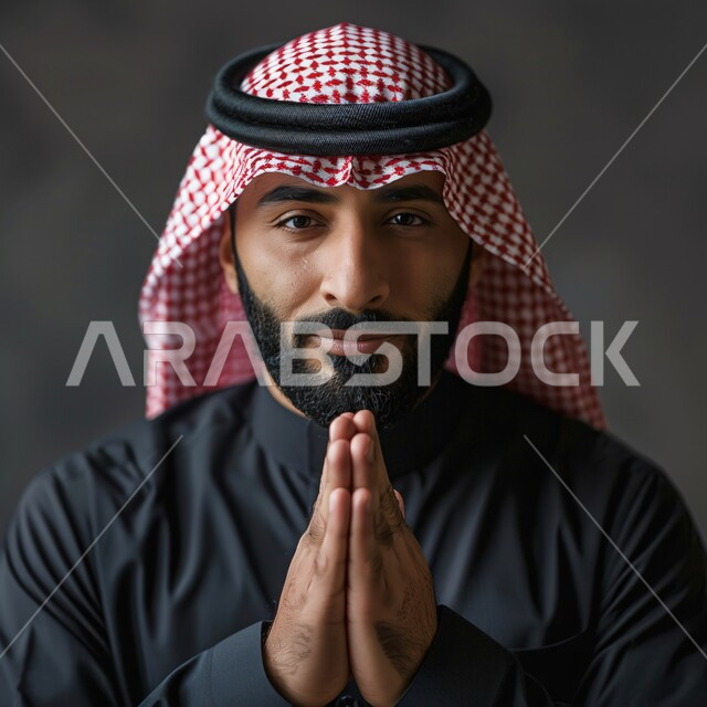  إيماءات الدعاء والتوسل والاسترحام, الطلب بترجي وتذلل من رب العباد, التضرع إلى الله تعالى, بورتريه لشاب عربي خليجي سعودي يرتدي الشماغ وعباءة سوداء يرفع يديه بخشوع واستعطاف, طلب العون والرغبة في تحقيق الأمنيات, خلفية رمادية 
