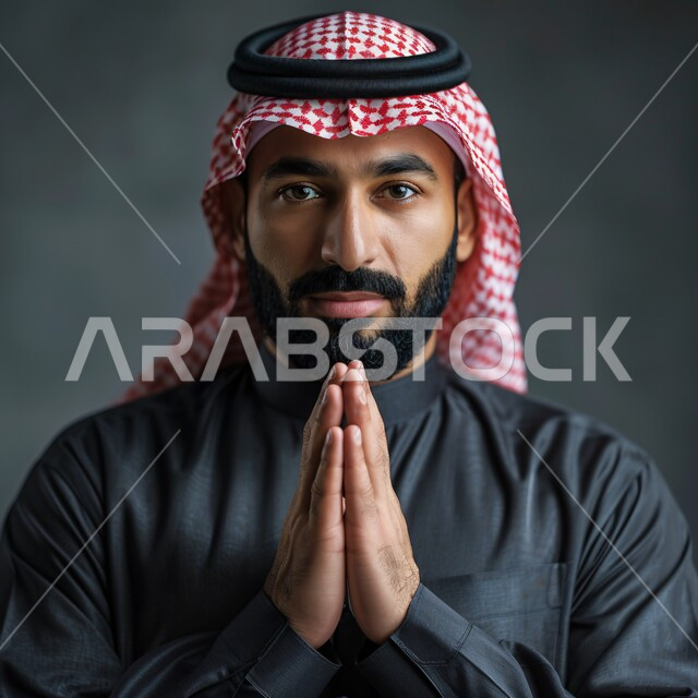  إيماءات الدعاء والتوسل والاسترحام, الطلب بترجي وتذلل من رب العباد, التضرع إلى الله تعالى, بورتريه لشاب عربي خليجي سعودي يرتدي الشماغ وعباءة سوداء يرفع يديه بخشوع واستعطاف, طلب العون والرغبة في تحقيق الأمنيات, خلفية رمادية 