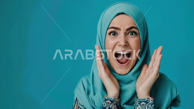 مفهوم الصراخ والغضب، بورتريه مقرب لإمرأة عربية سعودية خليجية محجبة ترفع يديها وتتظر الى الكاميرا بإيماءات الانفعال الشديد، الشعور بالإنزعاج والقهر، خلفية زرقاء