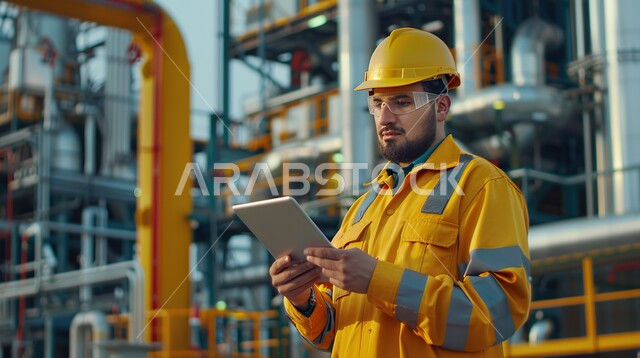 مفهوم الهندسة الصناعية، مراقبة جودة إنتاج القضبان الحديدية عبر التابلت، استخدام الأجهزة والتقنيات الحديثة والمتطورة في المجالات الهندسية، مهندس صناعي عربي خليجي سعودي في مصنع الحديد يرتدي خوذة وسترة الحماية الخاصة بالعمل