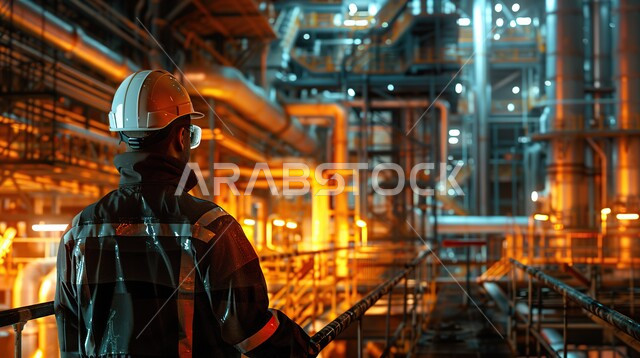 مراقبة جودة إنتاج القضبان الحديدية، استخدام الأجهزة والتقنيات الحديثة والمتطورة في المجالات الهندسية، صورة مقربة من الخلف لمهندس صناعي عربي خليجي سعودي في مصنع الحديد يرتدي خوذة وسترة الحماية الخاصة بالعمل، مفهوم الهندسة و الصناعية