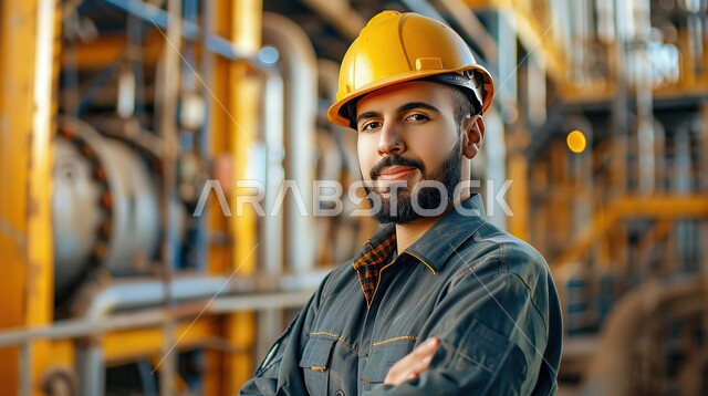 استخدام الأجهزة والتقنيات الحديثة والمتطورة في المجالات الهندسية، صورة مقربة من الخلف لمهندس صناعي عربي خليجي سعودي في مصنع الحديد يرتدي خوذة الحماية الخاصة بالعمل، مفهوم الهندسة و الصناعية، مراقبة جودة إنتاج القضبان الحديدية