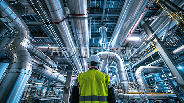 مراقبة جودة إنتاج القضبان الحديدية، استخدام الأجهزة والتقنيات الحديثة والمتطورة في المجالات الهندسية، صورة مقربة من الخلف لمهندس صناعي عربي خليجي سعودي في مصنع الحديد يرتدي خوذة وسترة الحماية الخاصة بالعمل، مفهوم الهندسة و الصناعية