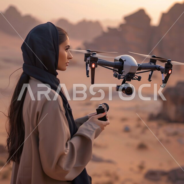 المناظر الطبيعية الصحراوية في المملكة العربية السعودية، صورة من الجانب لامرأة عربية خليجية سعودية ترتدي  العباءة تمسك بيدها جهاز التحكم لطائرة الدراون، آلات وأجهزة ومعدات متطورة 